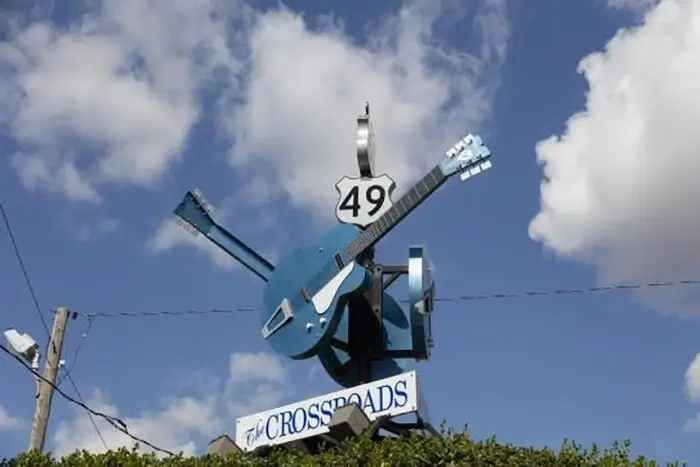 The "Devil's Crossroads" sign in Clarksdale, a prominent home to old-time blues music in the Mississippi (River) Delta region